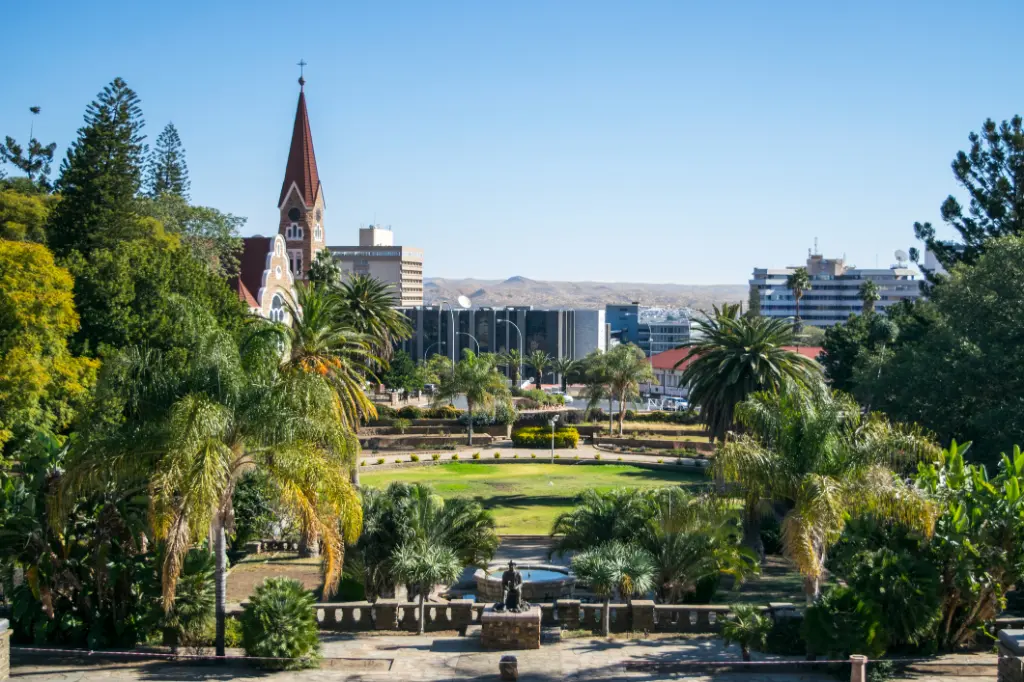 View of Christ Church and downtown Windhoek from Parliament Park - Windhoek, Namibia