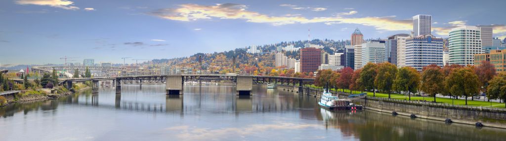 Portland Oregon Downtown City Skyline and Bridges over Willamette River Waterfront Panorama