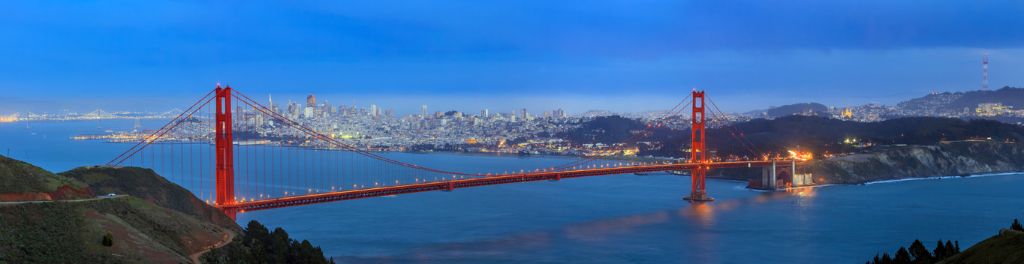 Golden Gate Bridge and downtown San Francisco at twilight
