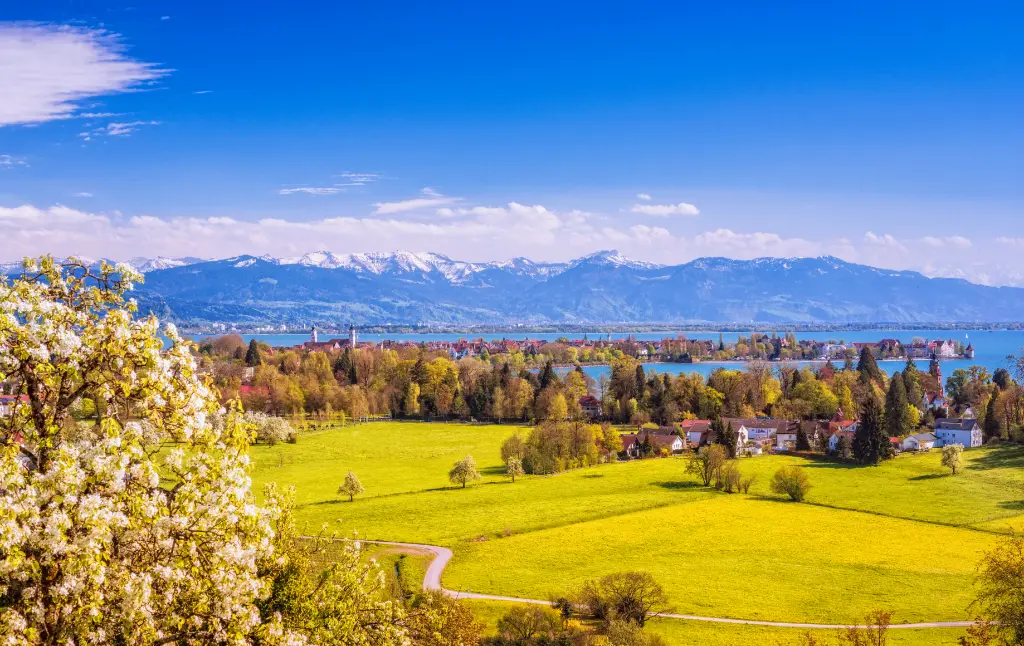 Lindau and Austrian Alps at Lake Constance (Bodensee) at spring